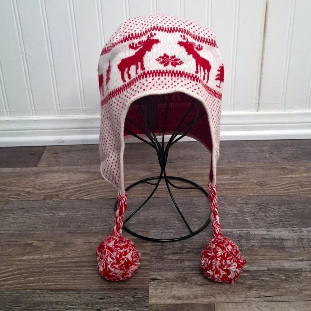 Abercrombie & Fitch Earflap Beanie Sz O/S Moose Wool Blend Pom Pom Fair Isle